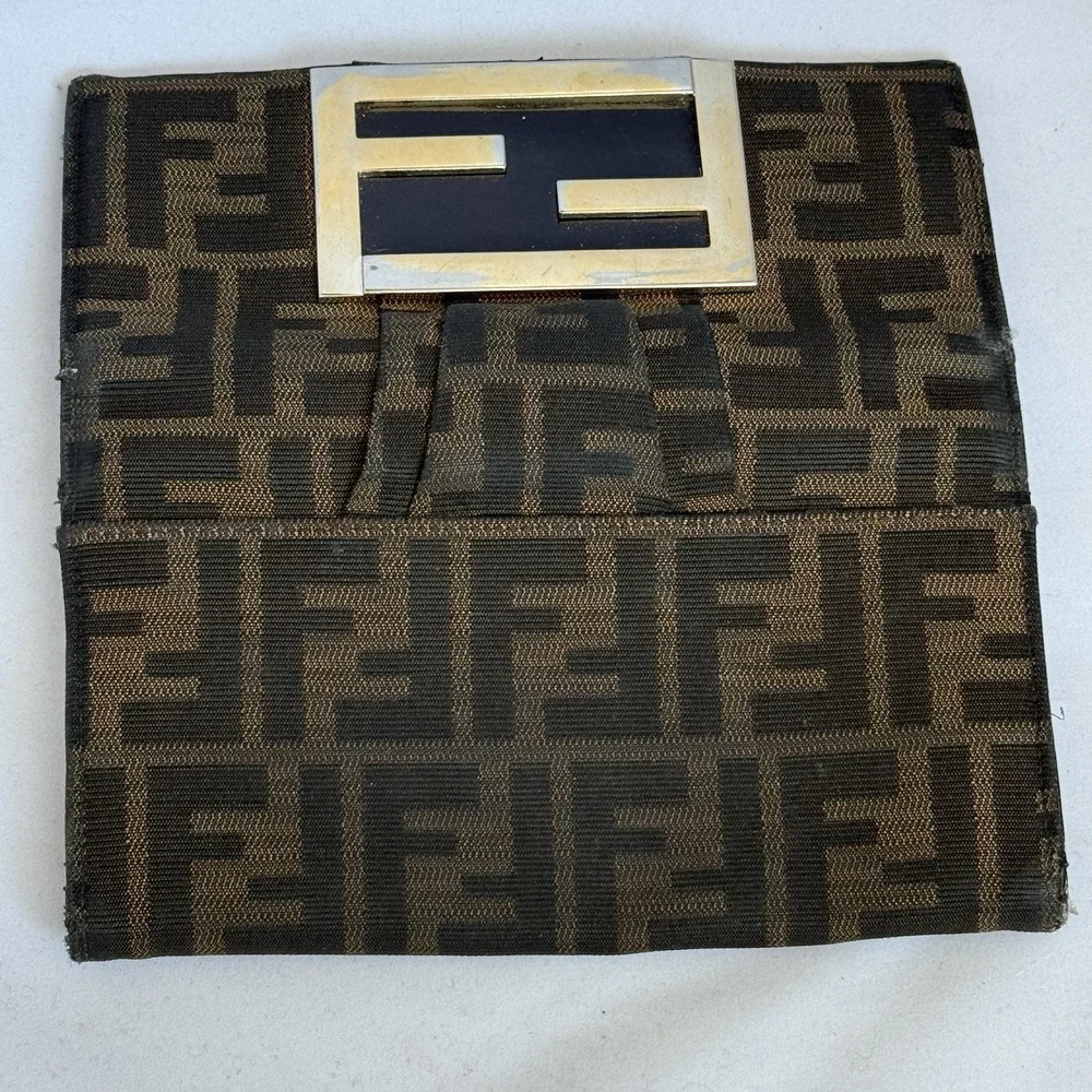 Fendi Zucca Continental Long Wallet Black Brown Canvas Gold‎ Tone Buckle